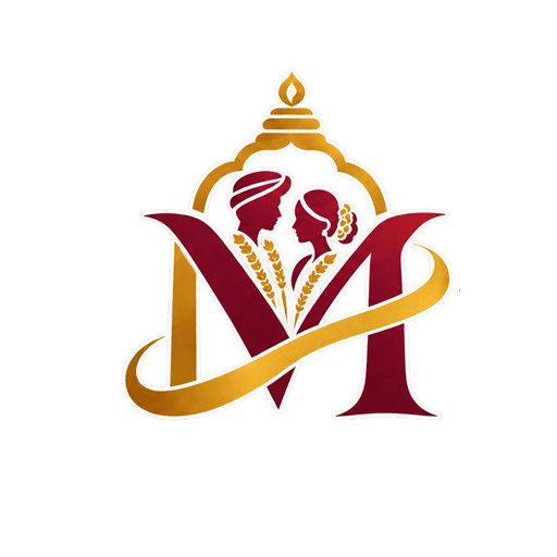 MyThirumanam maroon and gold temple, couple and monogram emblem